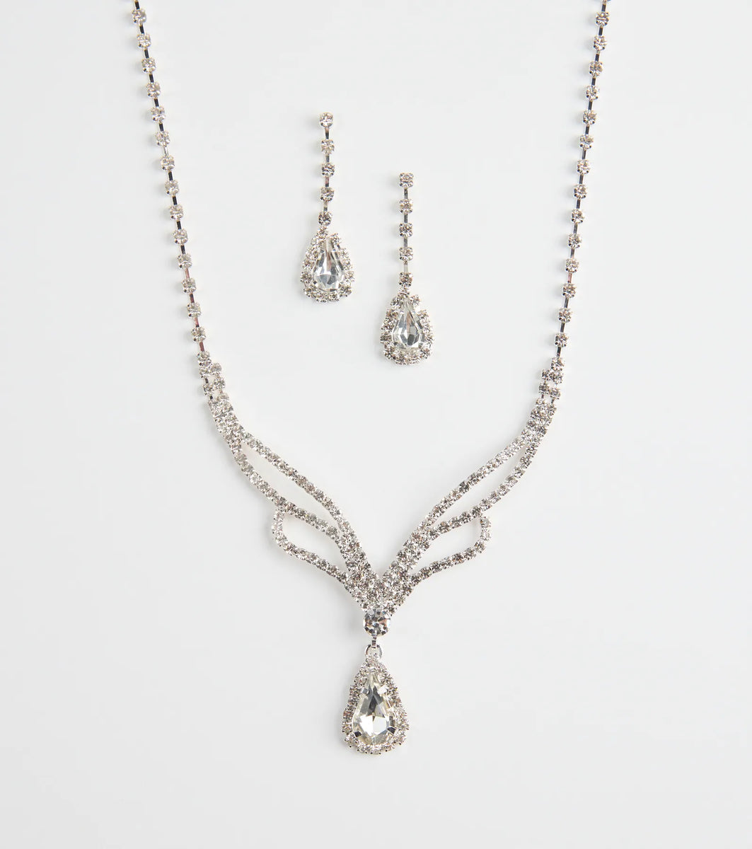 Regal Teardrop Rhinestone Necklace And Earrings Set | Windsor