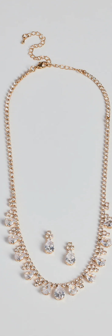 Glitzy Teardrop Rhinestone Necklace And Earrings Set