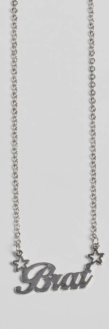 The Brat Script Dainty Chain Necklace in silver brings edge and energy to your vibe, ready to elevate any festival look or concert outfit.