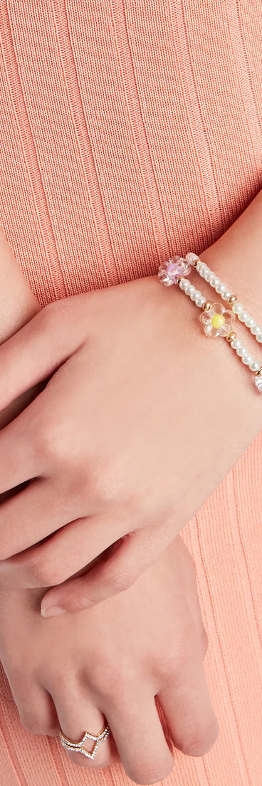 Trendy Girl Vibes Flower Pearl Bracelet Set