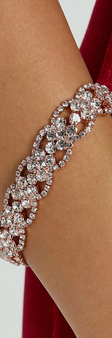 The Simply Dazzle Rhinestone Clasp Bracelet helps create a chic rose gold women's cocktail outfit with a trendy texture and stylish design, ideal for wedding guest cocktail outfits or dinner parties.