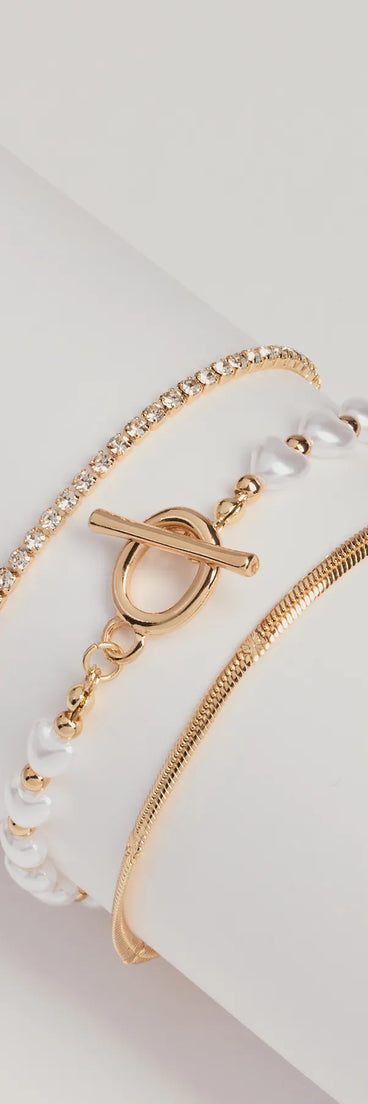 Dainty Chic Faux Pearl And Rhinestone Three-Pack Bracelet Set