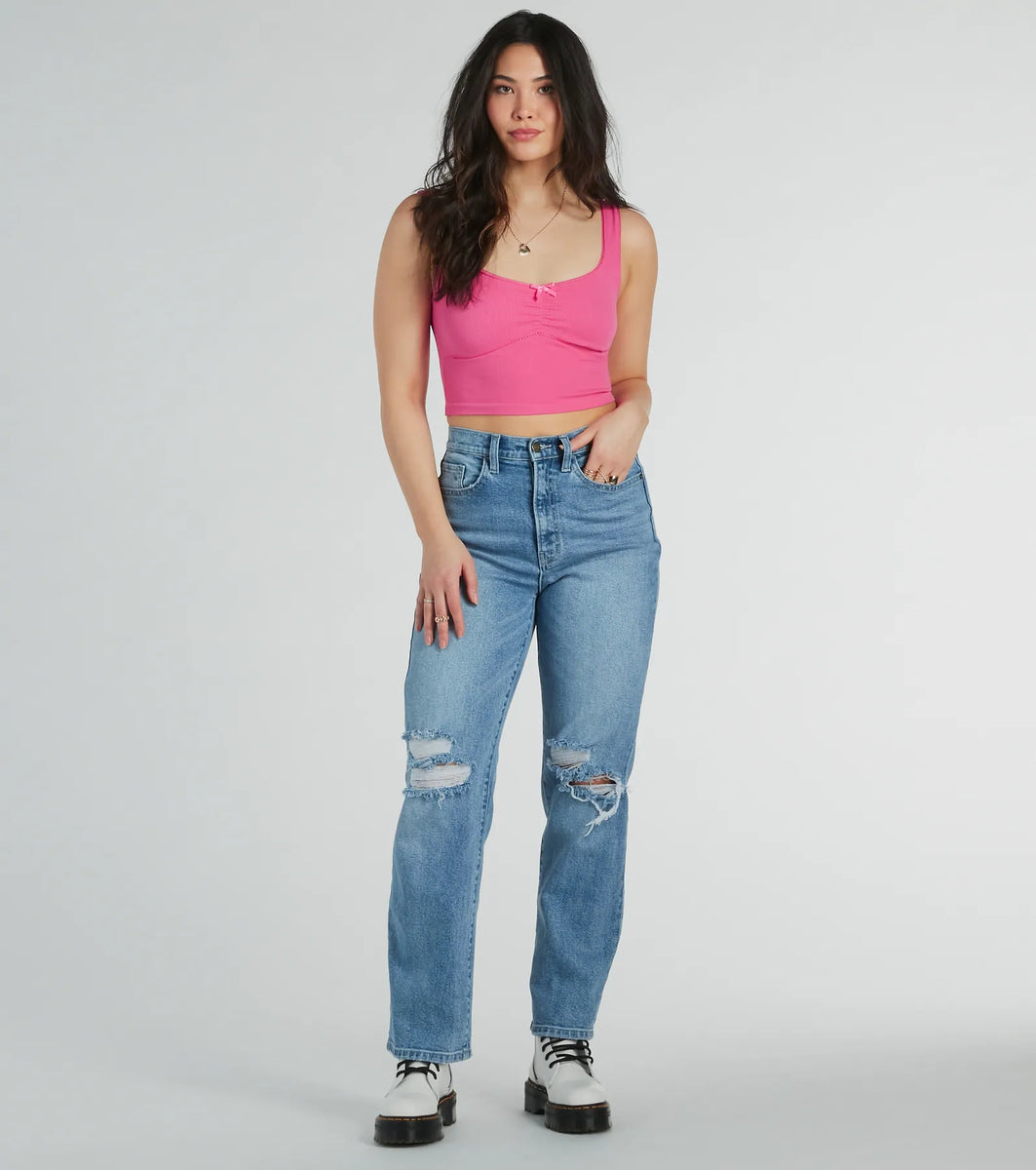 Bow Lace Patch V Neck Solid Tank Top
