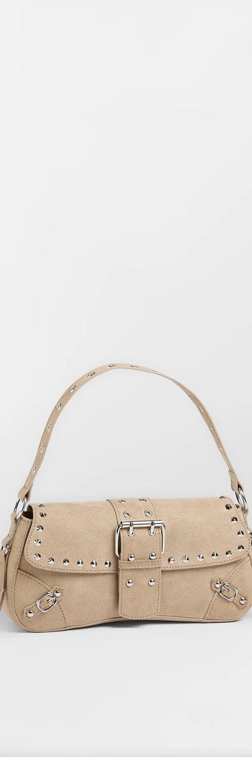 Buckle Up Faux Suede Studded Shoulder Bag