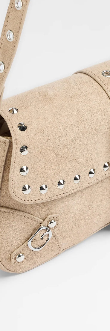 Buckle Up Faux Suede Studded Shoulder Bag