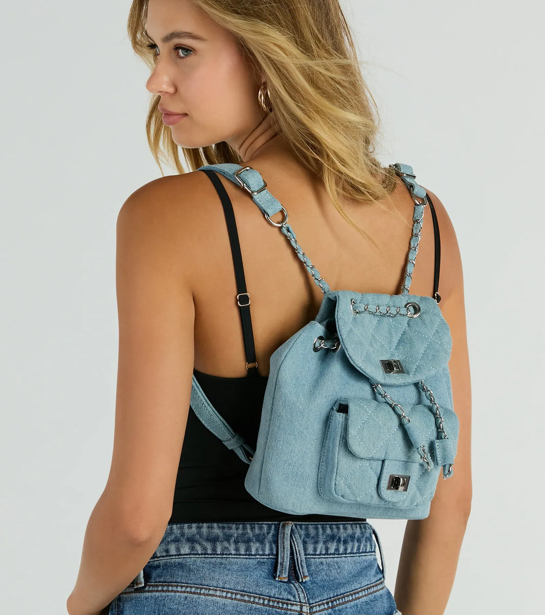 denim backpack mini Main One Quilted Denim Mini Backpack
