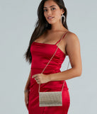 Get ready for any event with the Luxe Glamour Rhinestone Box Clutch in gold, an essential start to creating a versatile holiday outfit for women for holiday parties, cocktail hours, or NYE events.