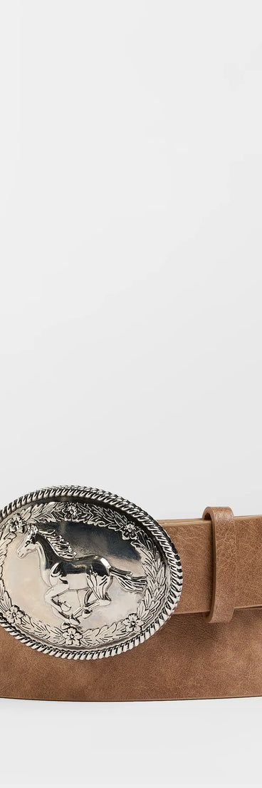 The Cowgirl Era Horse Buckle Faux Leather Belt in mocha brown brings edge and energy to your vibe, ready to elevate any festival look or concert outfit.