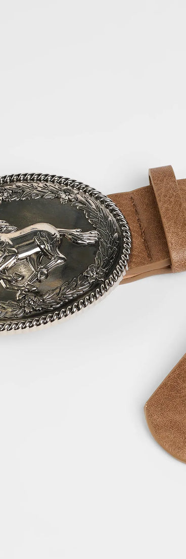 The Cowgirl Era Horse Buckle Faux Leather Belt in mocha brown brings edge and energy to your vibe, ready to elevate any festival look or concert outfit.