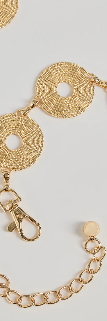 The Boho Chic Textured Disc Chain Metal Belt in gold brings edge and energy to your vibe, ready to elevate any festival look or concert outfit.