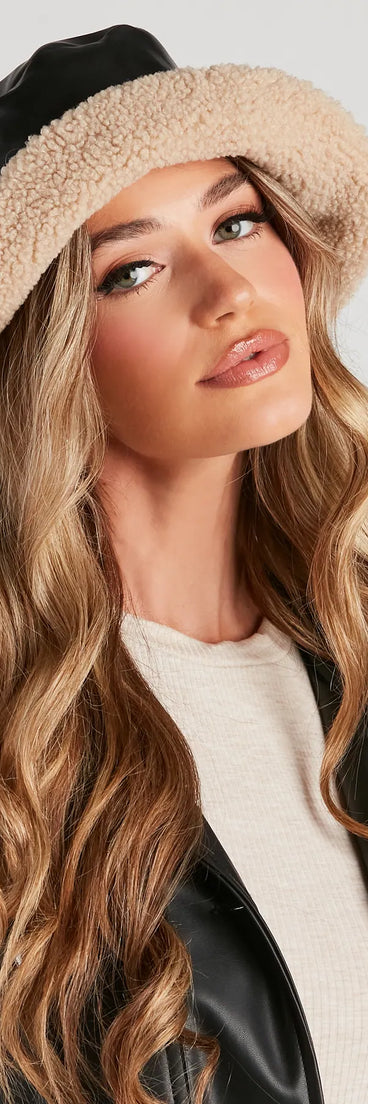 Get Cutesy Faux Leather Sherpa Bucket Hat