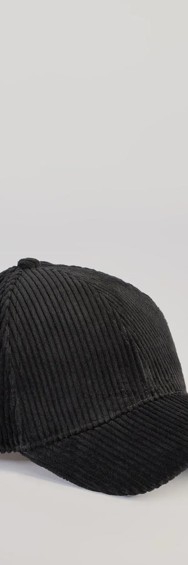 Upgrade your style game for 2025 with the Sporty Luxe Corduroy Baseball Cap in black, perfect for any fashion-forward wardrobe.