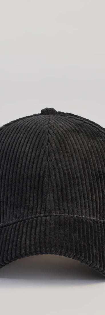Upgrade your style game for 2025 with the Sporty Luxe Corduroy Baseball Cap in black, perfect for any fashion-forward wardrobe.