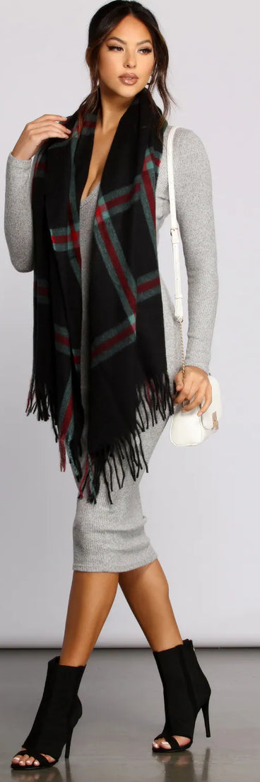 Plaid Fringe Blanket Scarf