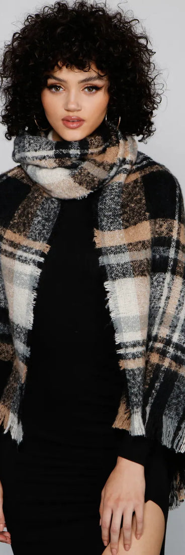 Plaid Cozy Frayed Blanket Scarf