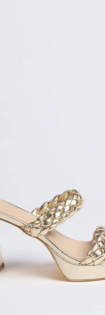 Elevate warm-weather looks with Social Season Braided Strap Mules in gold, a pair of trendy sandals bringing chic, modern flair to every step.