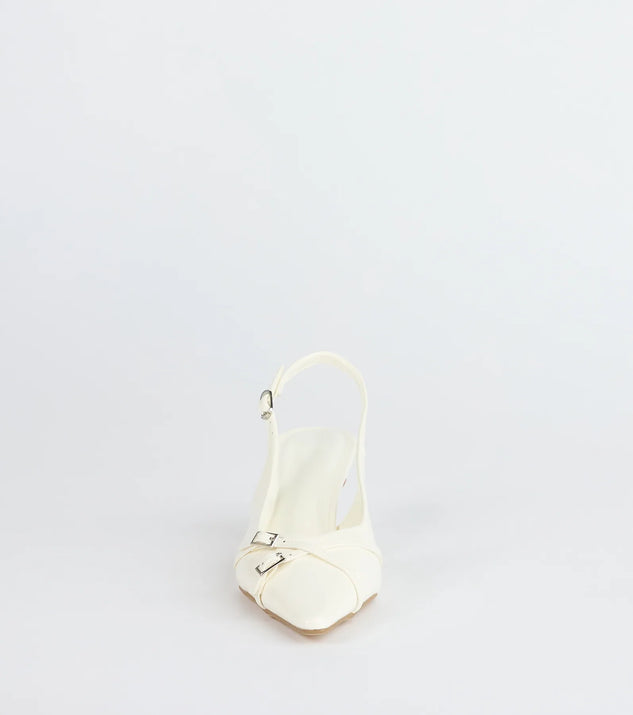 Turn heads in the Chic Buckle Strap Sling-Back Stiletto Pumps, white heels showcasing a fresh trend or stylish detail made to elevate your full Windsor fit.