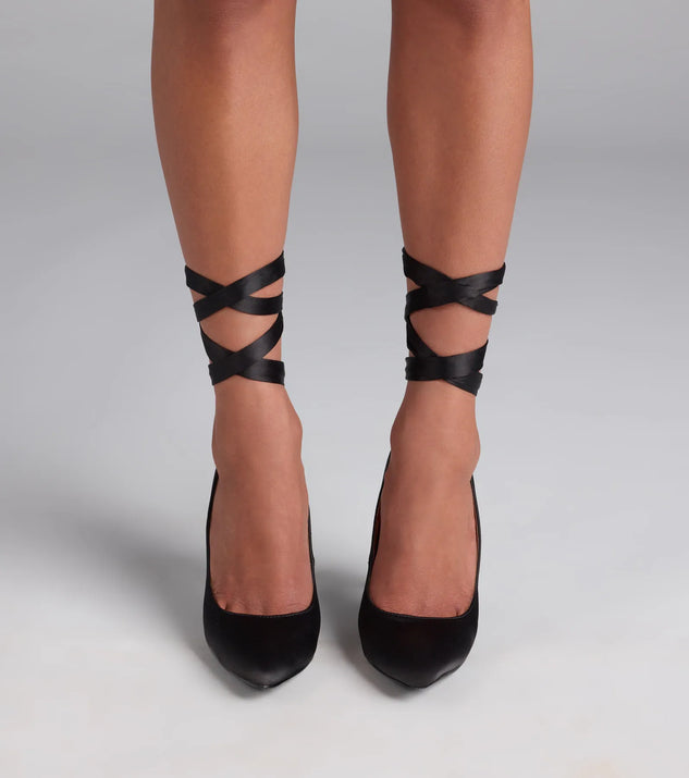 Turn heads in the Lace Me Up Satin Stiletto Pumps, black heels showcasing a fresh trend or stylish detail made to elevate your full Windsor fit.