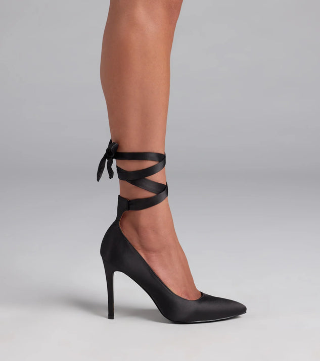 Turn heads in the Lace Me Up Satin Stiletto Pumps, black heels showcasing a fresh trend or stylish detail made to elevate your full Windsor fit.