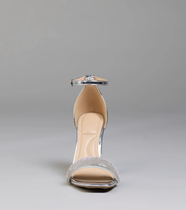 Turn heads in the Bling On The Sparkle Rhinestone Metallic Block Heels, silver heels showcasing a fresh trend or stylish detail made to elevate your full Windsor fit.