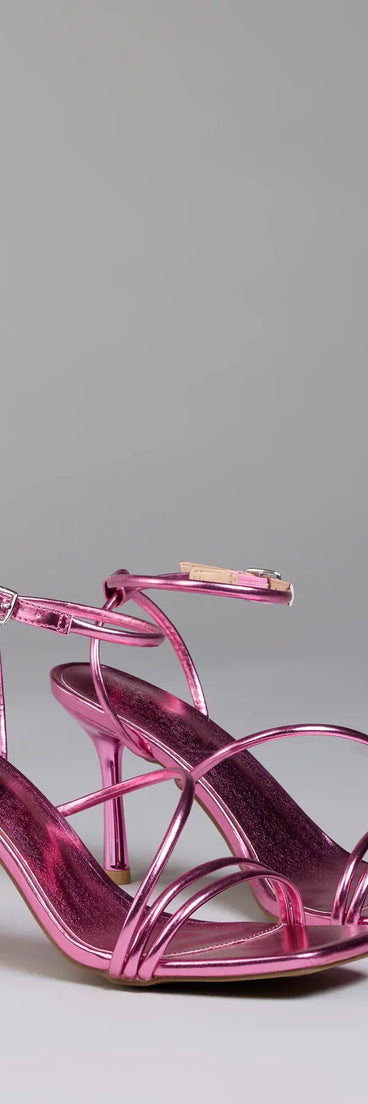Step into style with the Edgy Elegance Metallic Strappy Stiletto Heels, pink heels made to complete your Windsor look with comfort and glam in mind.
