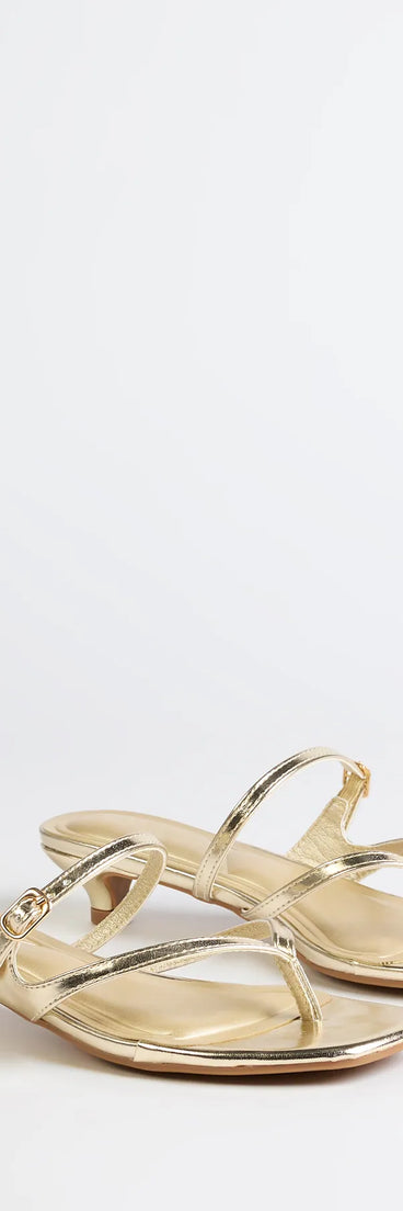 Step into style with the Chic Trend Thong Strap Kitten Heel Mules, gold heels made to complete your Windsor look with comfort and glam in mind.