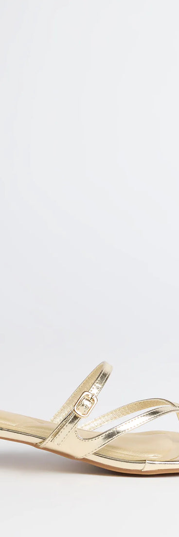 Elevate warm-weather looks with Chic Trend Thong Strap Kitten Heel Mules in gold, a pair of trendy sandals bringing chic, modern flair to every step.