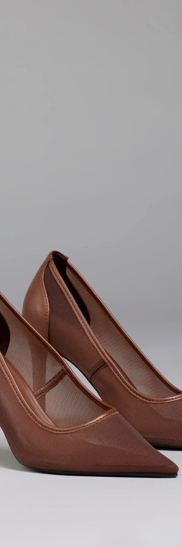 Step into style with the All Pretty Sheer Mesh Stiletto Pumps, brown heels made to complete your Windsor look with comfort and glam in mind.