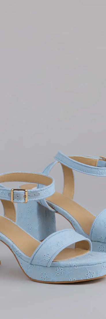 Elevate warm-weather looks with Stroll The Town Eyelet Platform Block Heels in blue, a pair of trendy sandals bringing chic, modern flair to every step.