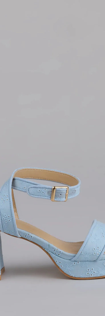 Elevate warm-weather looks with Stroll The Town Eyelet Platform Block Heels in blue, a pair of trendy sandals bringing chic, modern flair to every step.