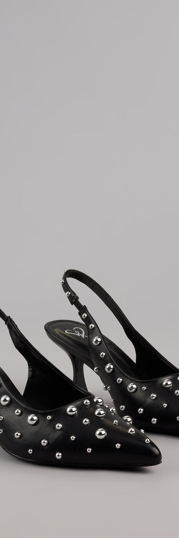 This piece brings trend-right energy to the Edge Play Studded Slingback Pumps, perfect for fall outfits that stand out.