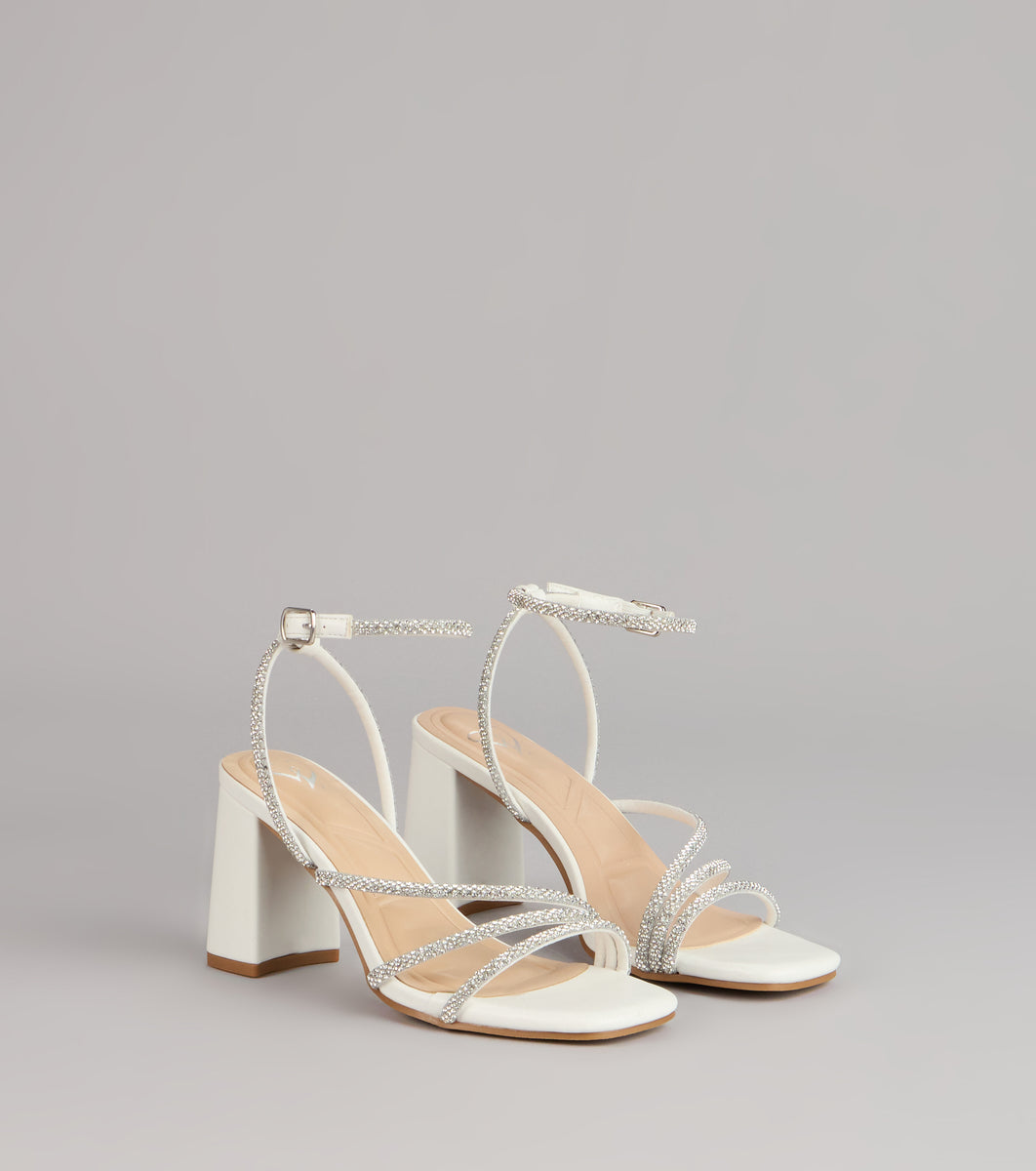 Crystal Hour Strappy Block Heels in White | Size: 6 | Leather/Rhinestone