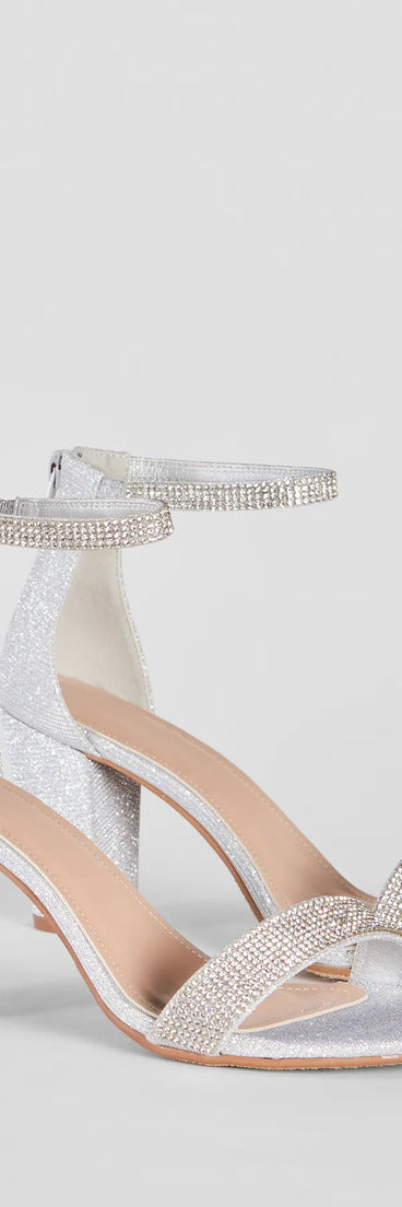 Step into style with the Sparkle Stunner Rhinestone Block Heels, silver heels made to complete your Windsor look with comfort and glam in mind.