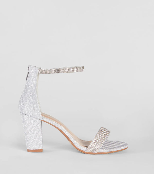Elevate warm-weather looks with Sparkle Stunner Rhinestone Block Heels in silver, a pair of trendy sandals bringing chic, modern flair to every step.