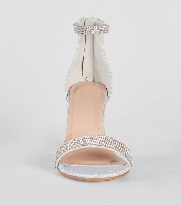 Turn heads in the Sparkle Stunner Rhinestone Block Heels, silver heels showcasing a fresh trend or stylish detail made to elevate your full Windsor fit.