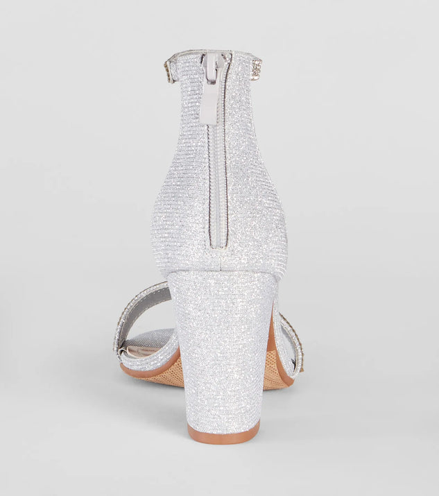 Elevate warm-weather looks with Sparkle Stunner Rhinestone Block Heels in silver, a pair of trendy sandals bringing chic, modern flair to every step.