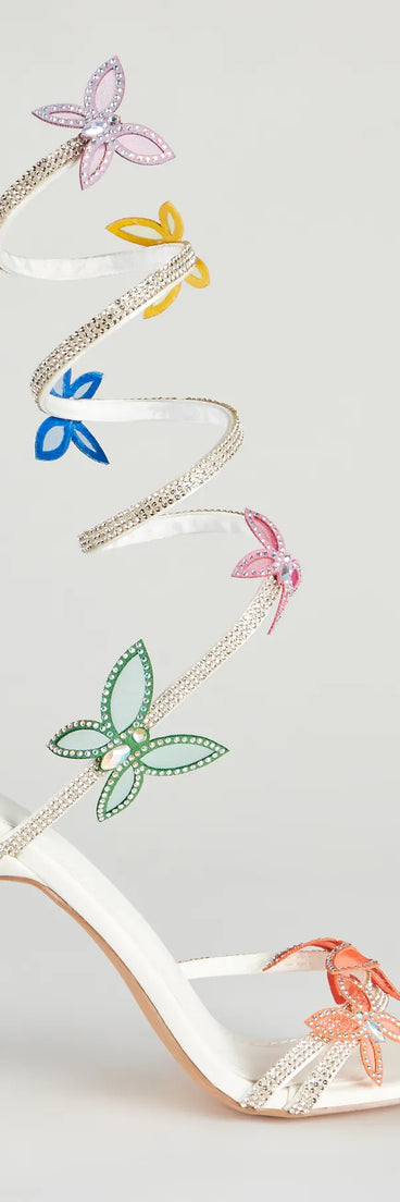 Fly Away Butterfly Applique Spiral Strap Heels