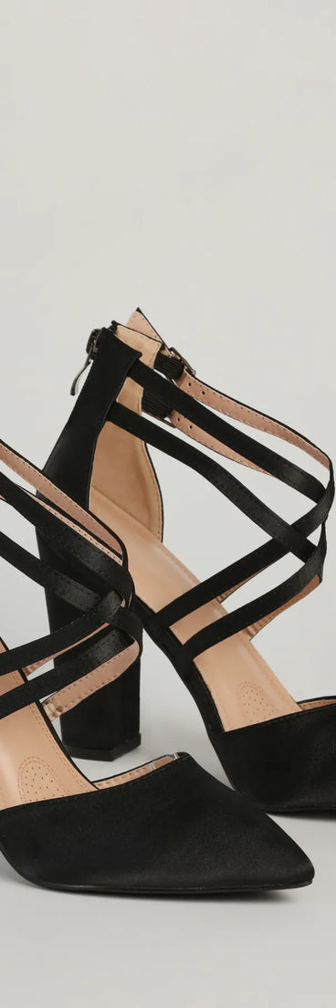 Smooth Charm Satin Strappy Block Heel Pumps