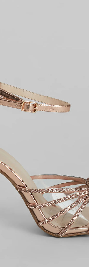 The cute and comfy style of the Glitzy Mood Rhinestone Strappy Metallic Heels as your homecoming shoes creates a stand out look to complete your HOCO dress look!
