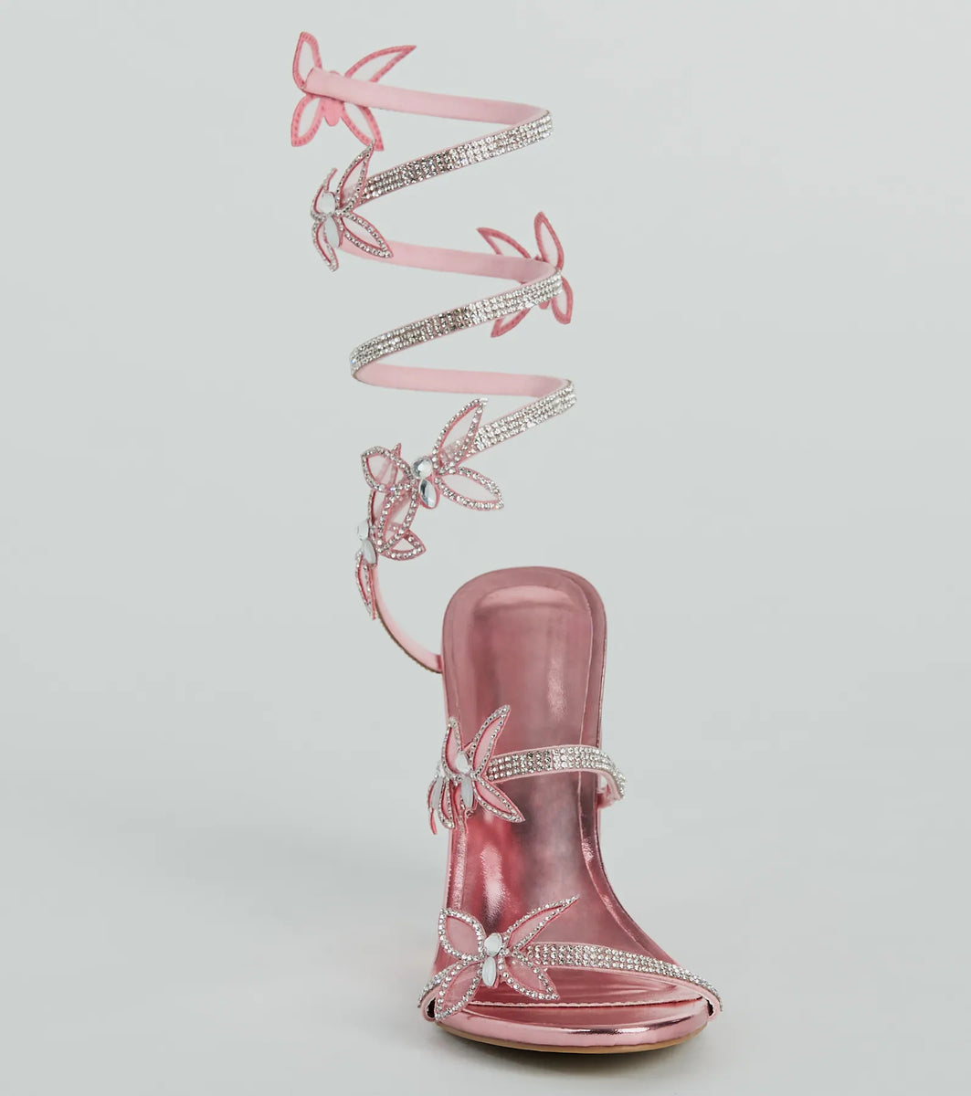 Dreamy Rhinestone Butterfly Spiral Metallic Heels | Windsor
