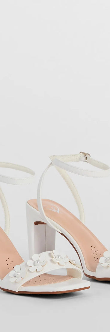 Blooming Chic Flower Detail Faux Leather Block Heels, a trendy white addition to women's going-out outfits, is ideal for Christmas party outfits, chic NYE attire, or winter night-out looks that keep you on-trend!