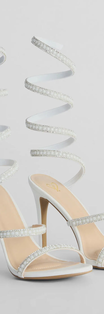 The Endless Luxe Faux Pearl Spiral Stiletto Heels in white brings sleek style to any graduation outfit, from cap and gown to after-party.