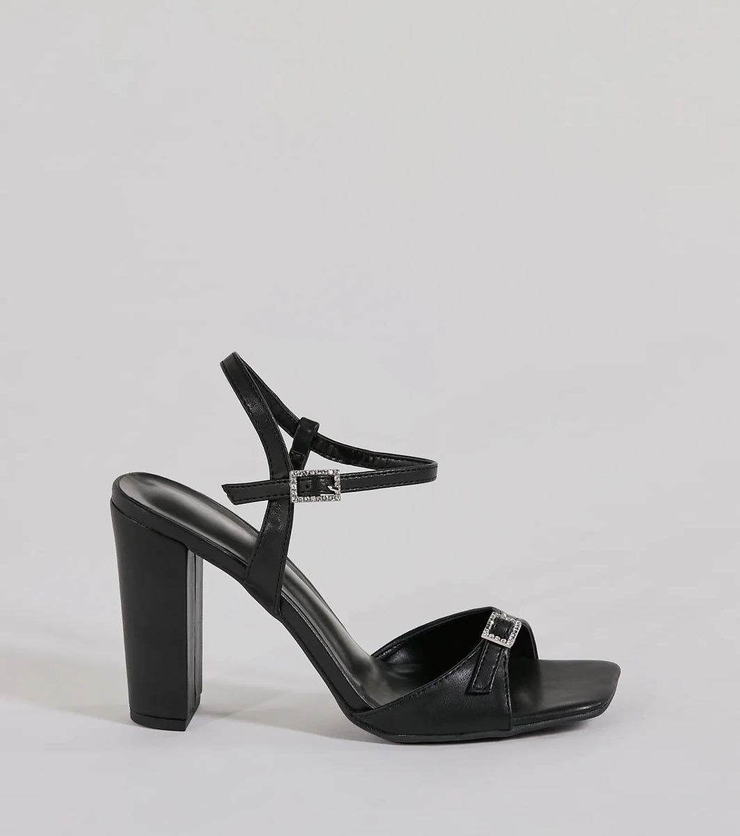 Midnight Glam Rhinestone Buckle Patent Block Heels | Windsor