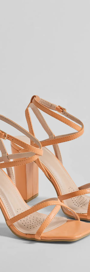 Stunning Summer Daze Strappy Block Heels, a trendy coral addition to women's going-out outfits, is ideal for Christmas party outfits, chic NYE attire, or winter night-out looks that keep you on-trend!