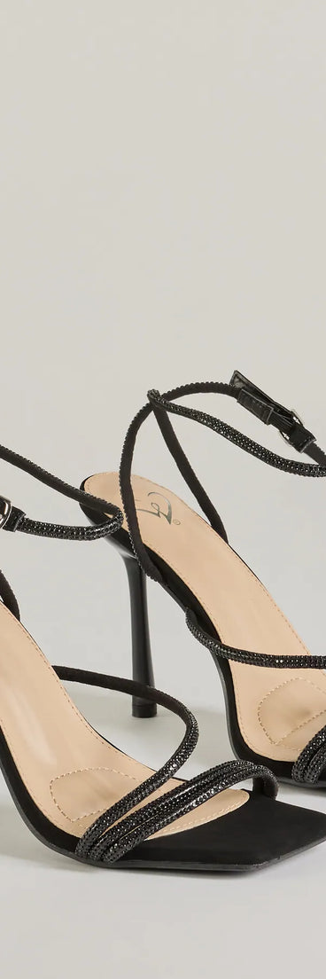 Get ready for any event with the Amped Up Glam Rhinestone Strappy Stiletto Heels in black, an essential start to creating a versatile outfit for women for parties, cocktail hours, or Valentine's Day events.