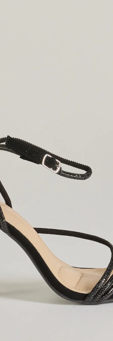 Get ready for any event with the Amped Up Glam Rhinestone Strappy Stiletto Heels in black, an essential start to creating a versatile outfit for women for parties, cocktail hours, or Valentine's Day events.