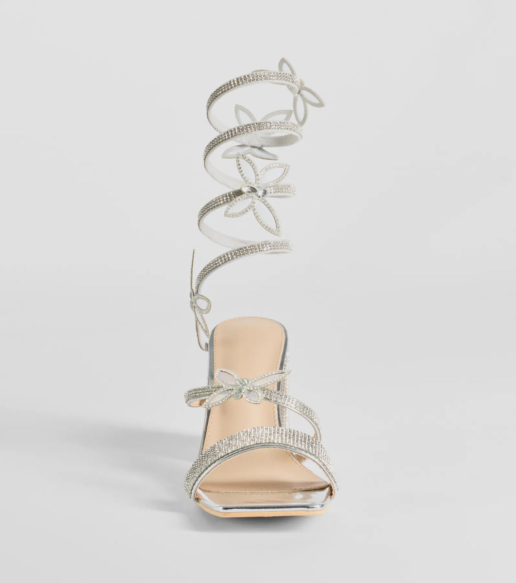 Glitzy Rhinestone Butterfly Spiral Strap Block Heels | Windsor