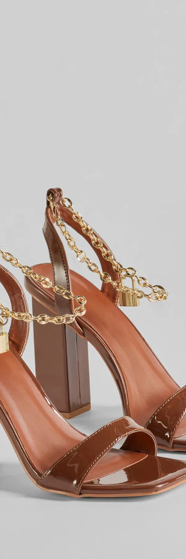 Elevate your work wardrobe with the Locked In Chain Ankle Patent Block Heels in tan, a versatile women's shoe perfect for the office; that combines style with comfort for seamless desk-to-dinner transitions.