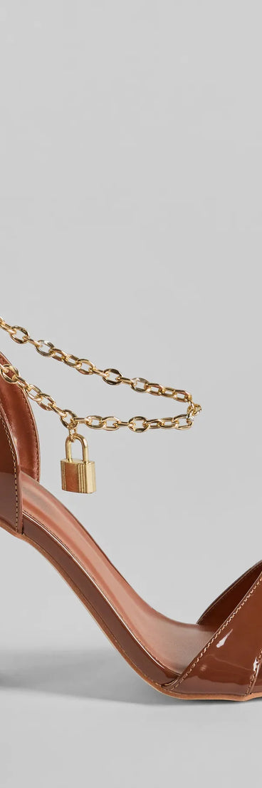 Elevate your work wardrobe with the Locked In Chain Ankle Patent Block Heels in tan, a versatile women's shoe perfect for the office; that combines style with comfort for seamless desk-to-dinner transitions.