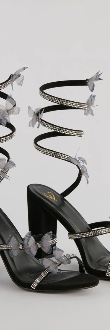 Step into style with the Mythical Babe Butterfly Rhinestone Spiral Stiletto Heels, black heels made to complete your Windsor look with comfort and glam in mind.